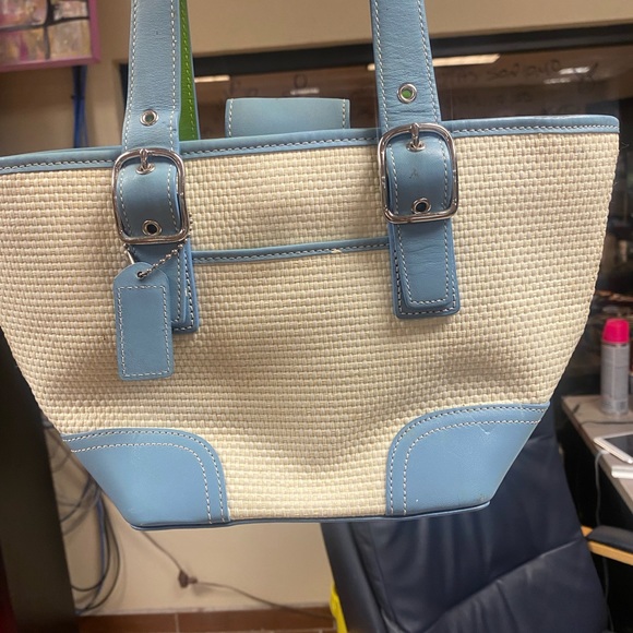 Coach Bags Coach Blue Green Straw Leather Tote Handbag Poshmark